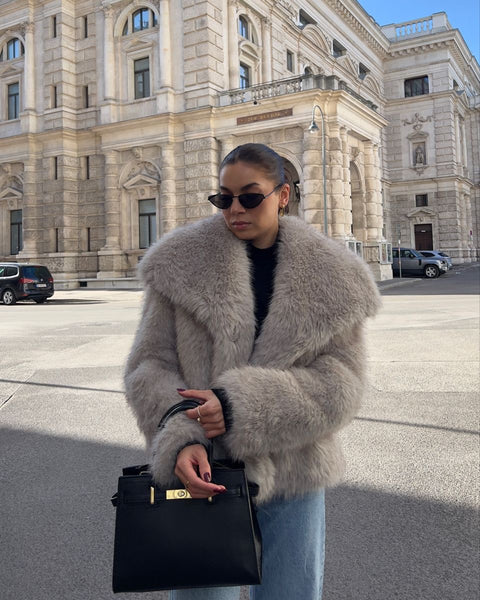 GREY CROPPED FAUX FUR COAT