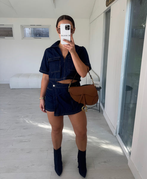 DARK BLUE DENIM SHIRT AND SKORT CO-ORD SET