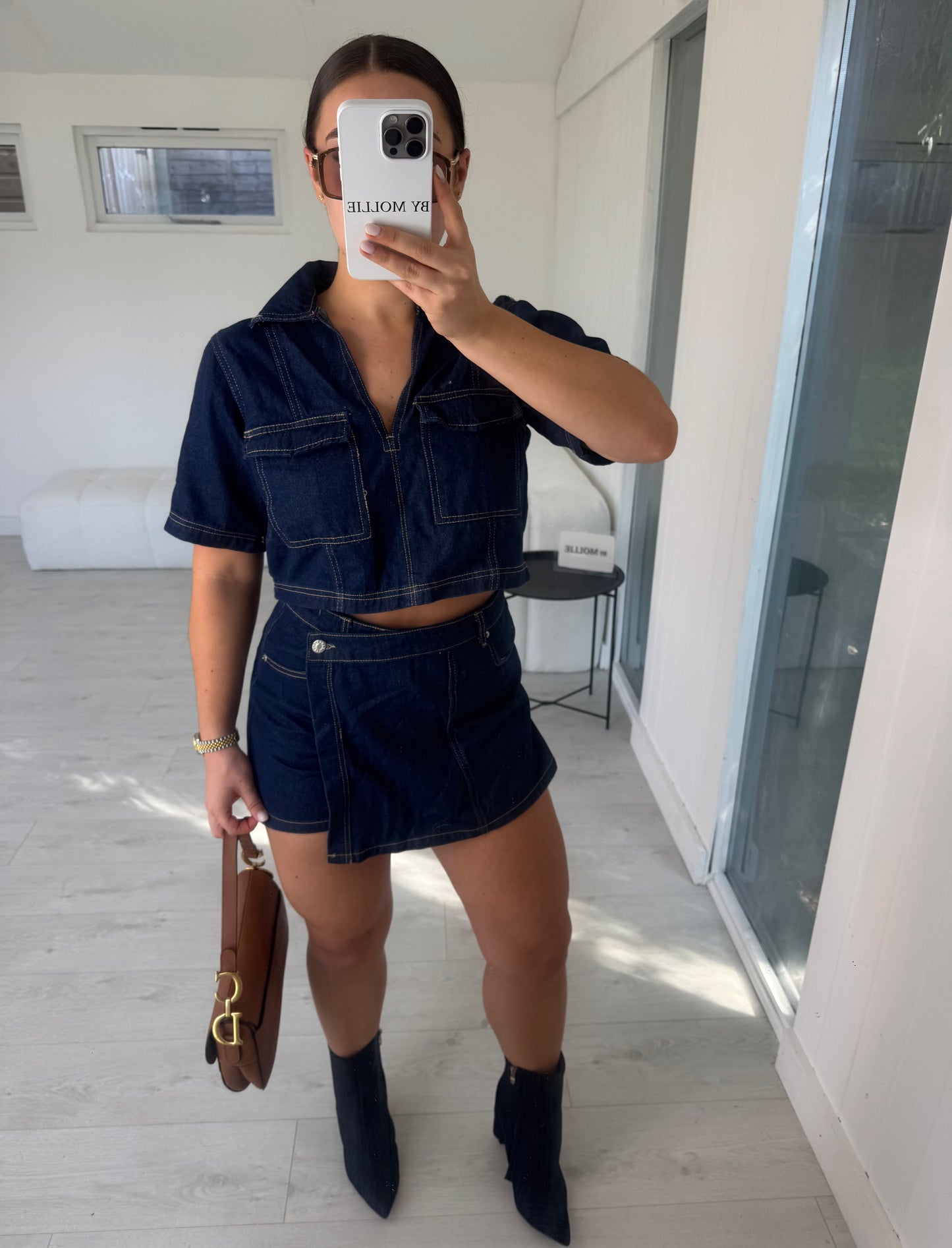 DARK BLUE DENIM SHIRT AND SKORT CO-ORD SET