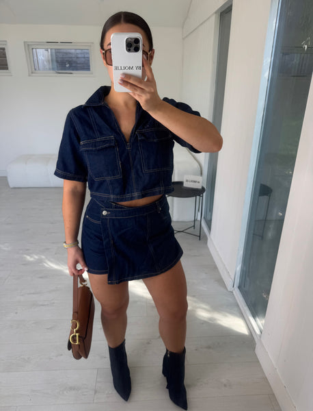 DARK BLUE DENIM SHIRT AND SKORT CO-ORD SET