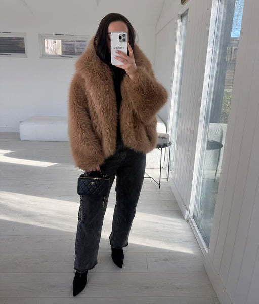 CAMEL HOODED FAUX FUR COAT