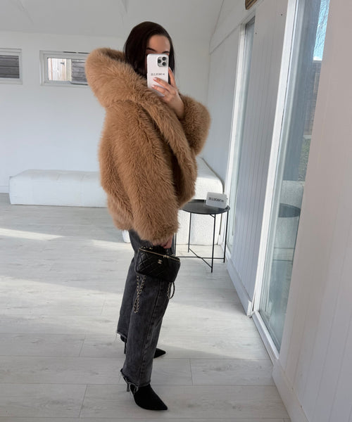 CAMEL HOODED FAUX FUR COAT