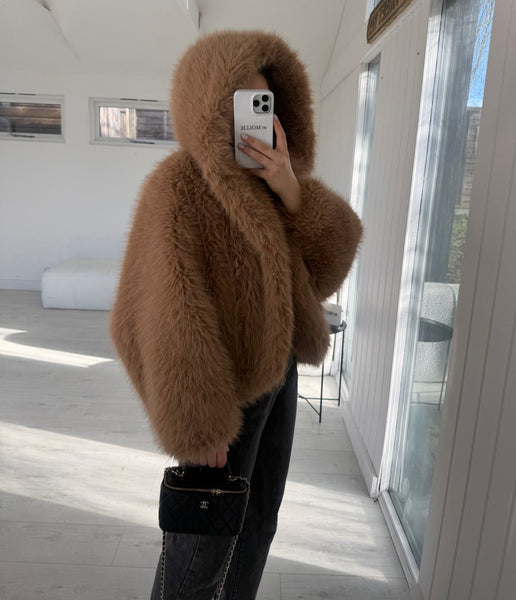 CAMEL HOODED FAUX FUR COAT