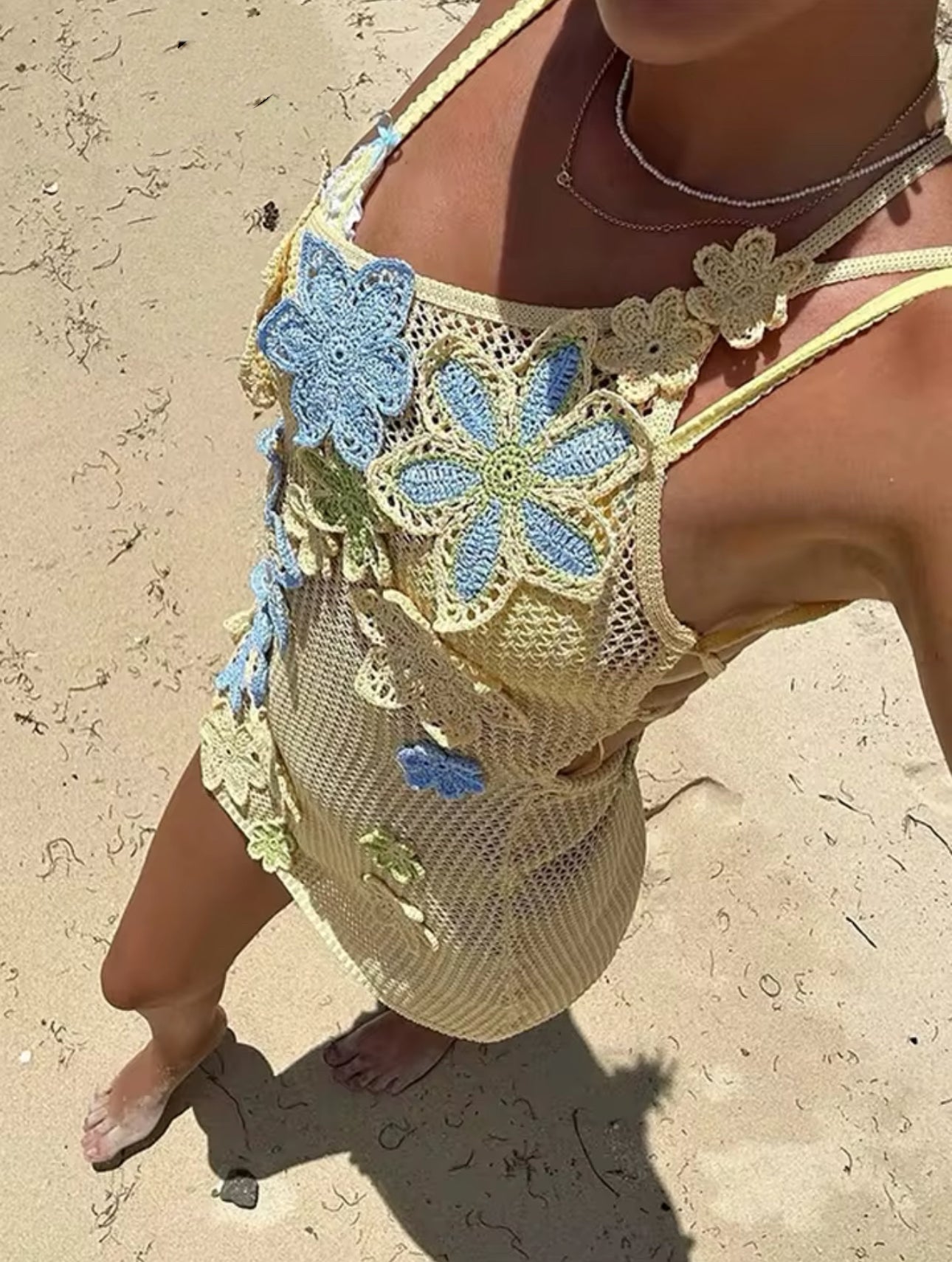 BLUE YELLOW CROCHET KNIT MINI DRESS