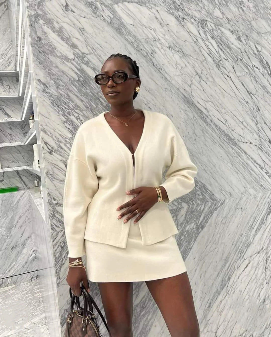 WHITE CARDIGAN AND MINI SKIRT CO-ORD