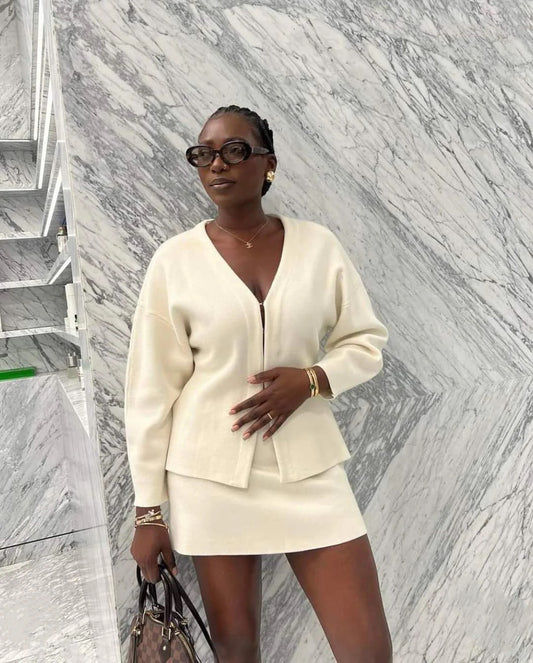 WHITE CARDIGAN AND MINI SKIRT CO-ORD