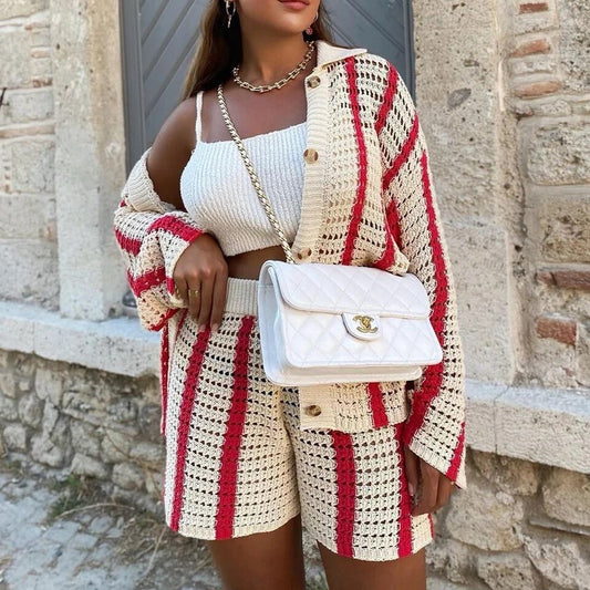 RED KNIT STRIPE CARDIGAN AND SHORTS CO-ORD