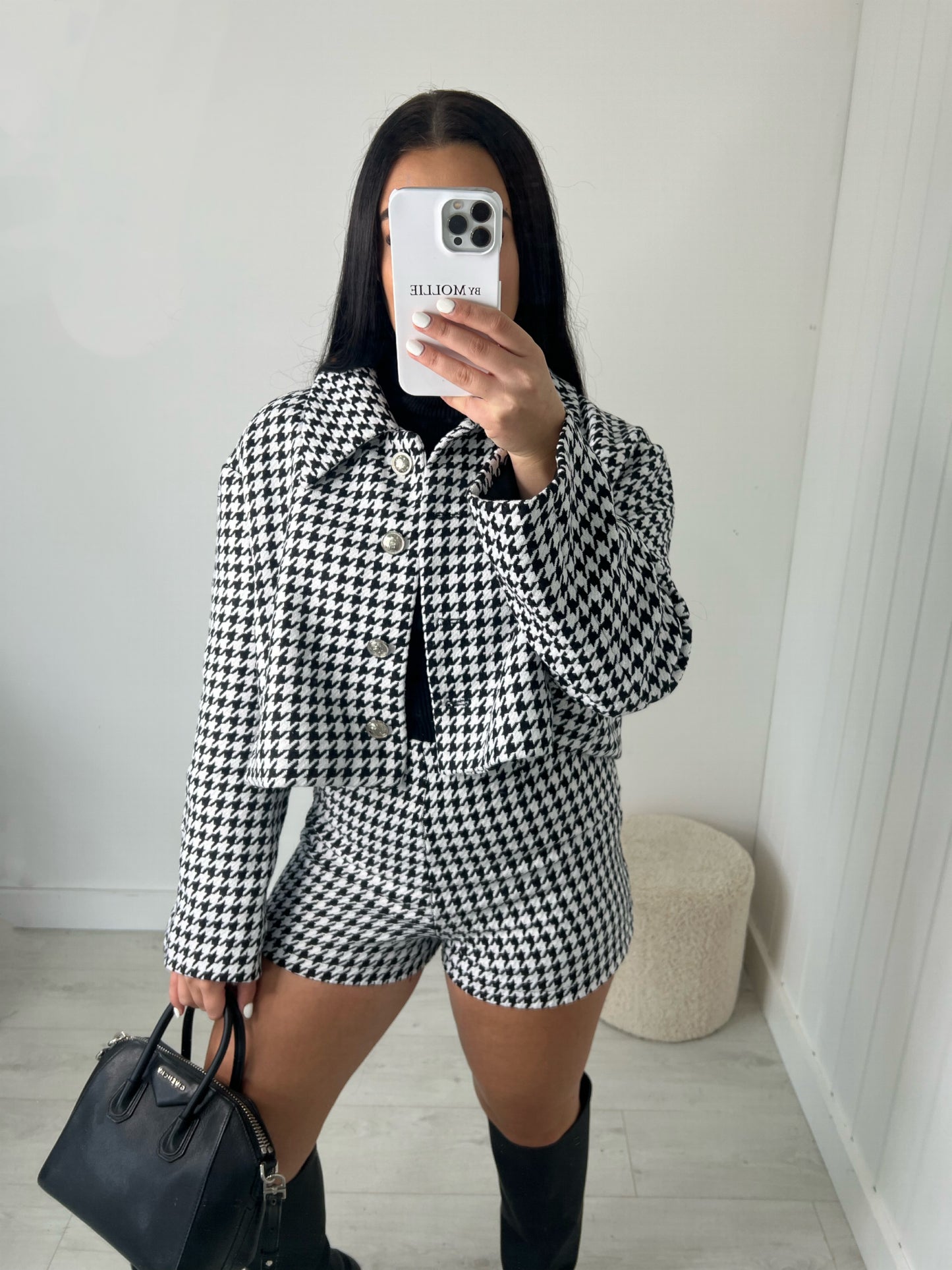 DOGSTOOTH COLLARED JACKET AND SHORTS CO-ORD
