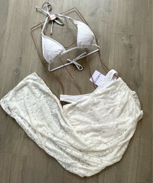 WHITE LACE THREE PIECE BIKINI AND FOLD OVER TROUSER SET