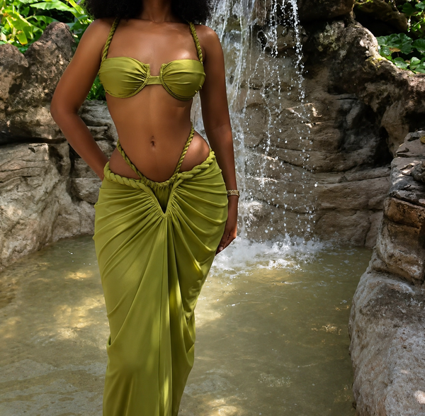 OLIVE BRAID DETAIL BIKINI AND MAXI SKIRT CO ORD SET