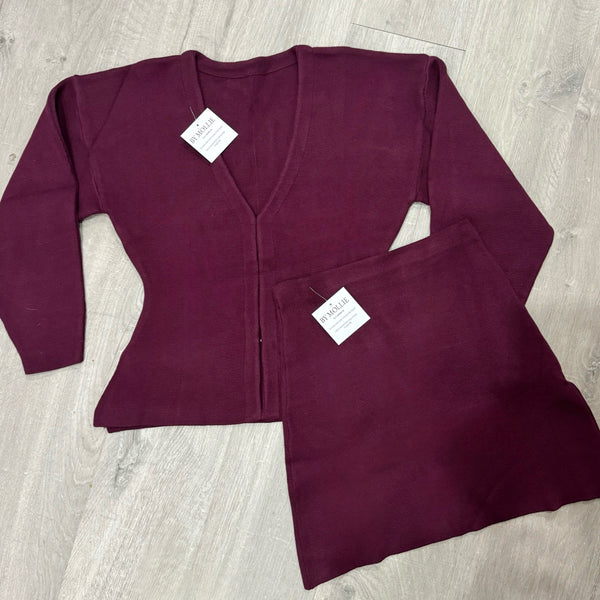 BURGUNDY CARDIGAN AND MINI SKIRT CO-ORD