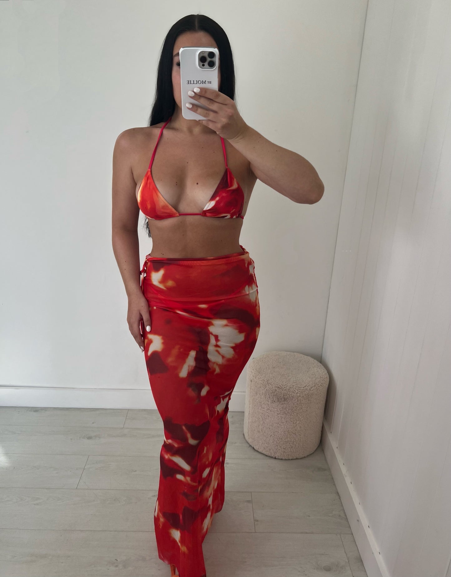 ORANGE AND RED SWIRL THREE PIECE BIKINI AND SKIRT SET