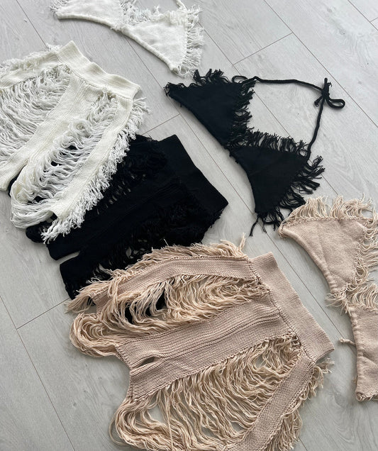 DISTRESSED TASSLE KNIT BRALET AND SHORTS CO-ORD