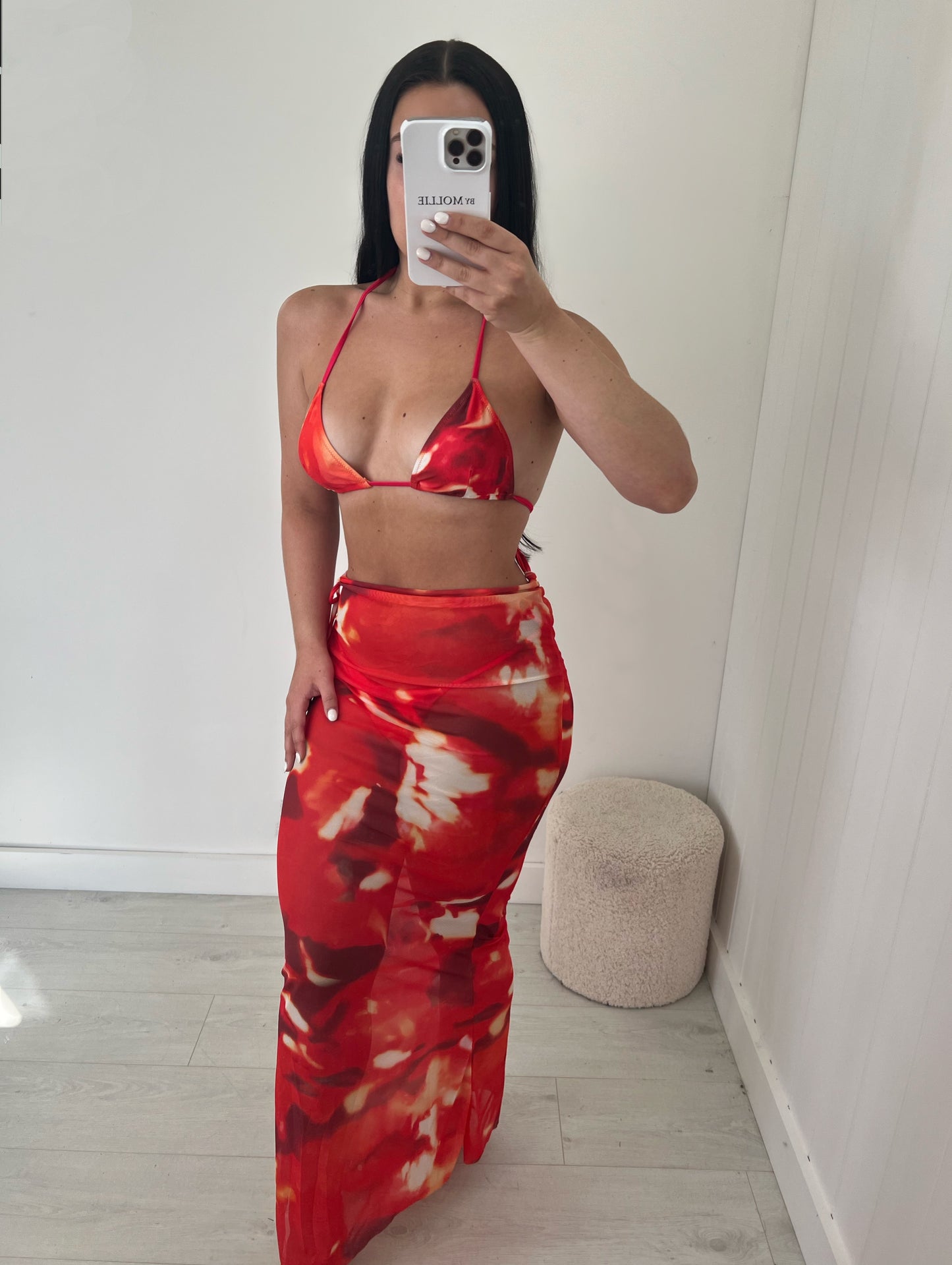 ORANGE AND RED SWIRL THREE PIECE BIKINI AND SKIRT SET