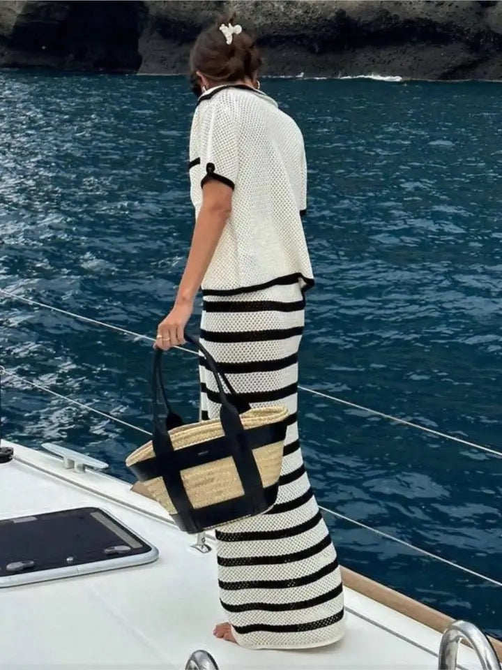 CREAM AND BLACK KNIT SHORT SLEEVE CARDIGAN AND MAXI SKIRT CO-ORD