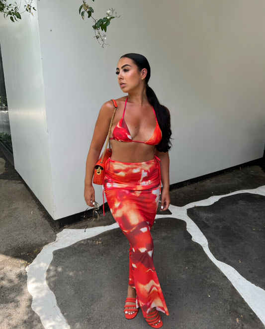 ORANGE AND RED SWIRL THREE PIECE BIKINI AND SKIRT SET