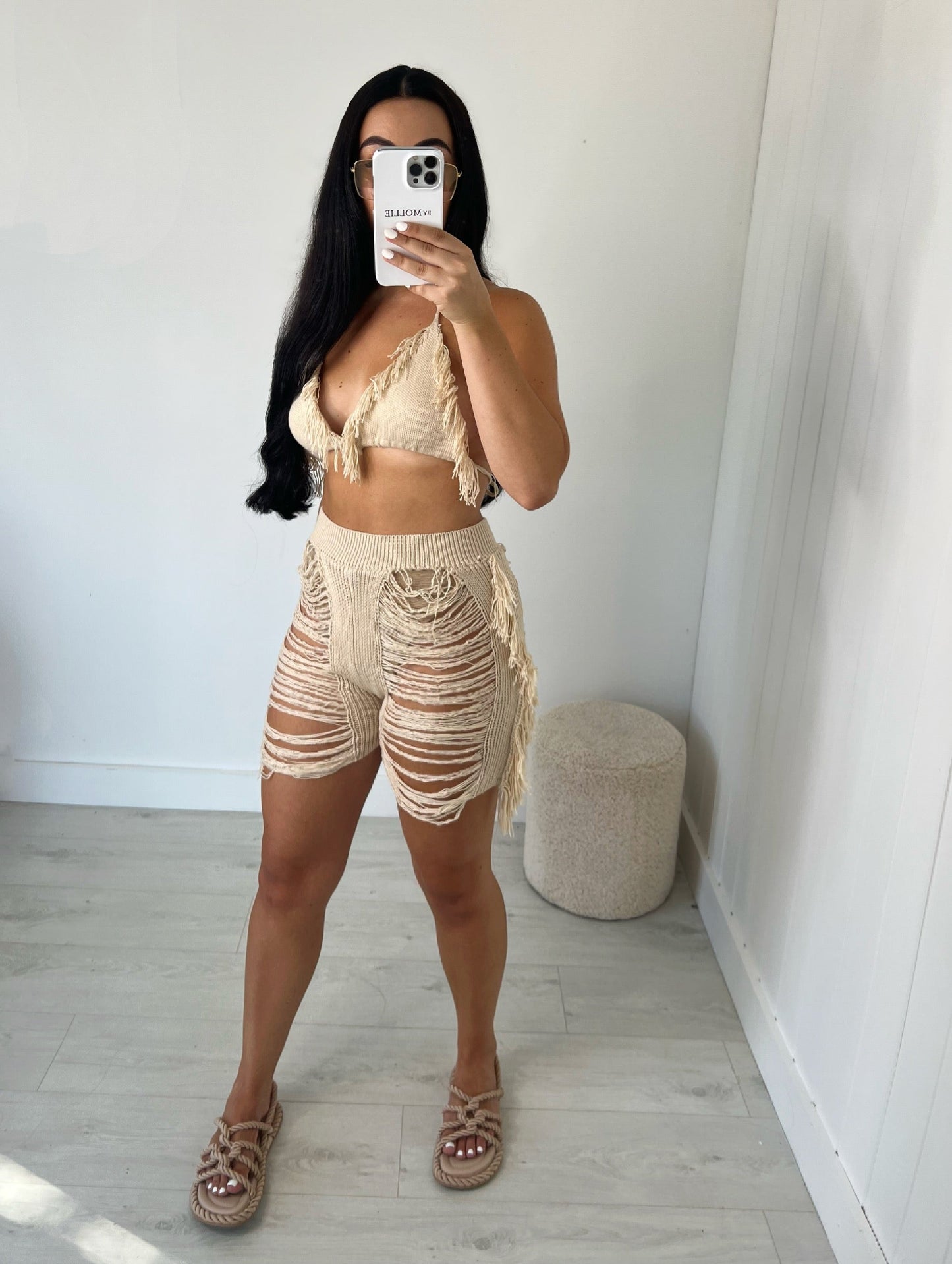 DISTRESSED TASSLE KNIT BRALET AND SHORTS CO-ORD