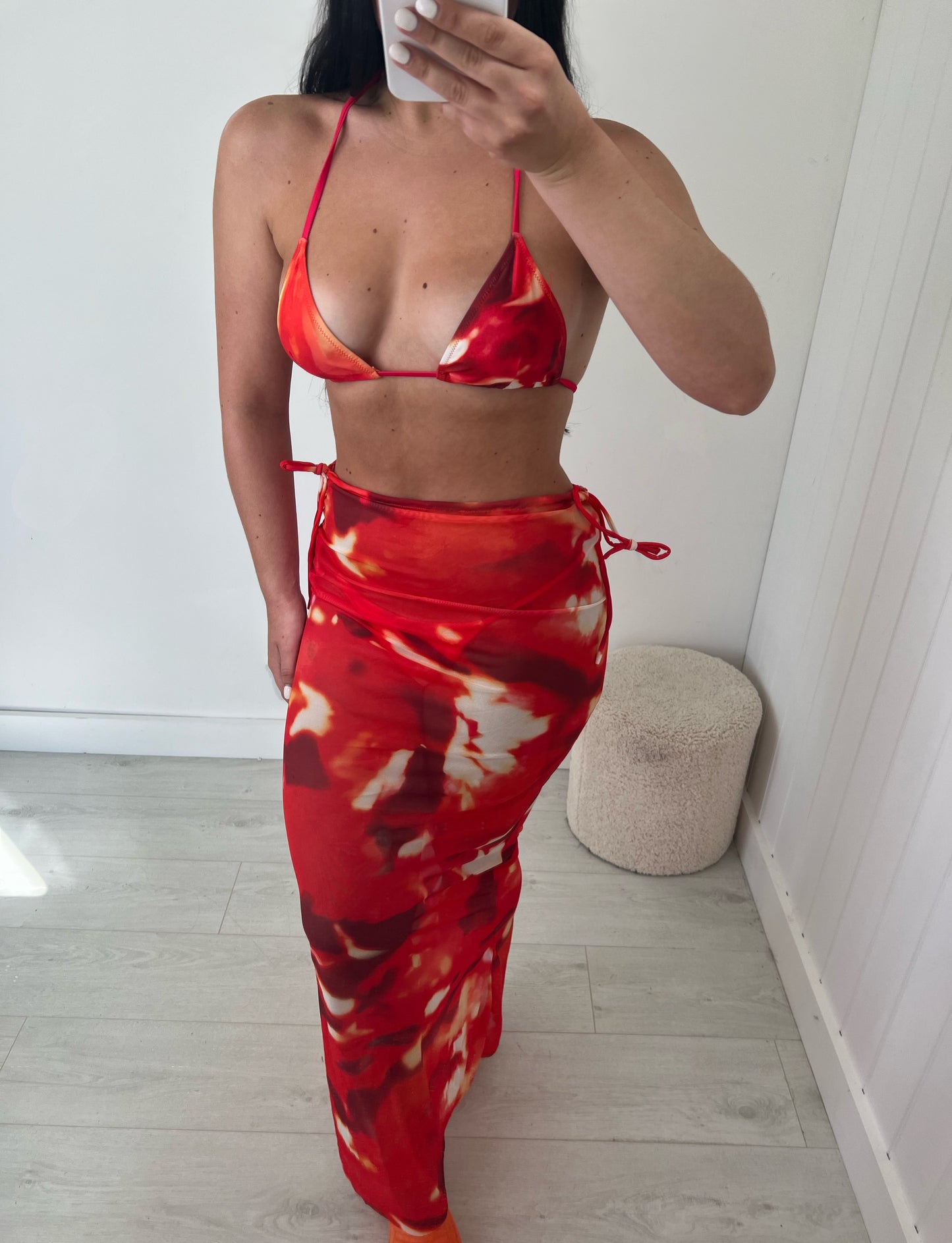 ORANGE AND RED SWIRL THREE PIECE BIKINI AND SKIRT SET