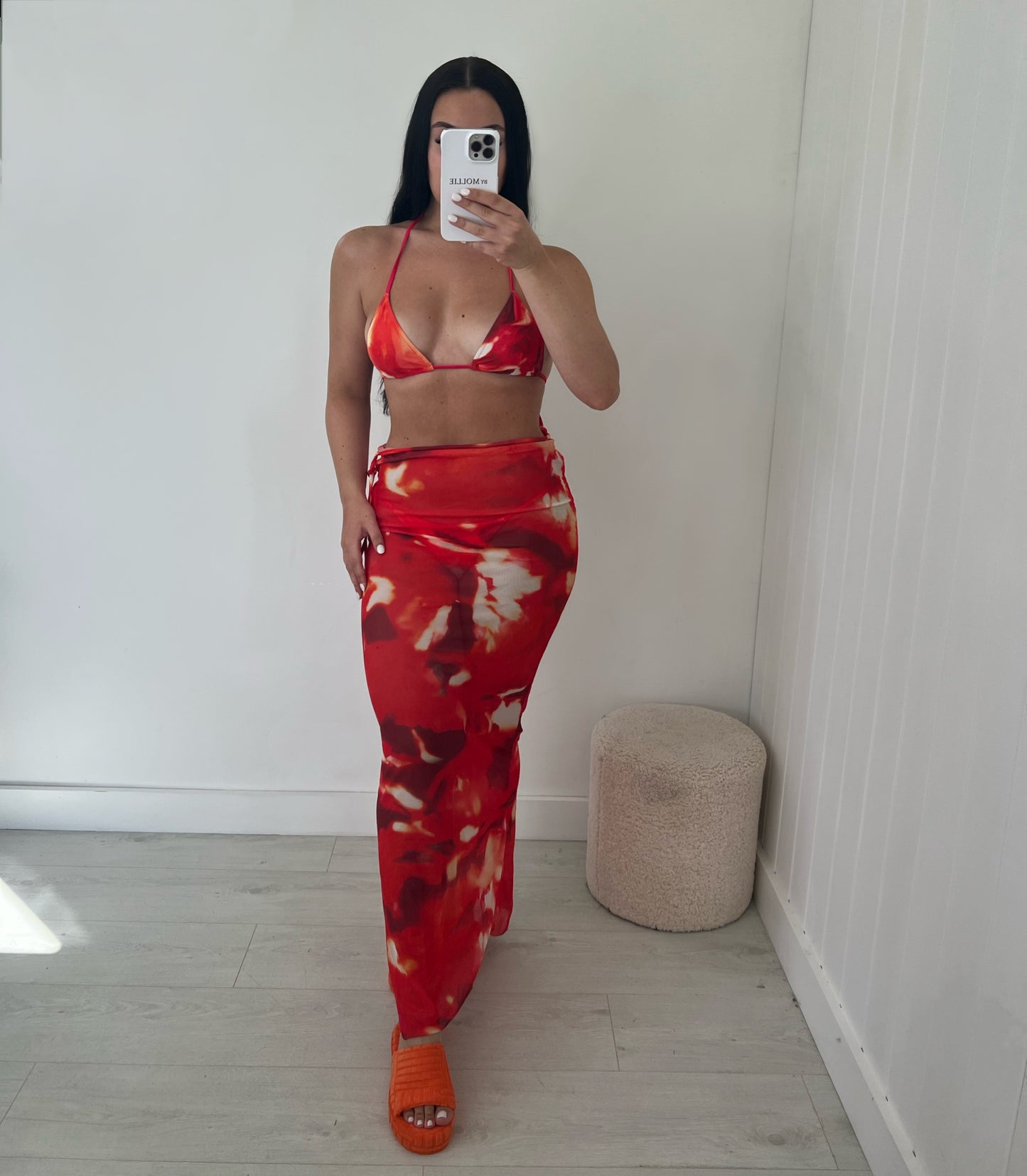 ORANGE AND RED SWIRL THREE PIECE BIKINI AND SKIRT SET