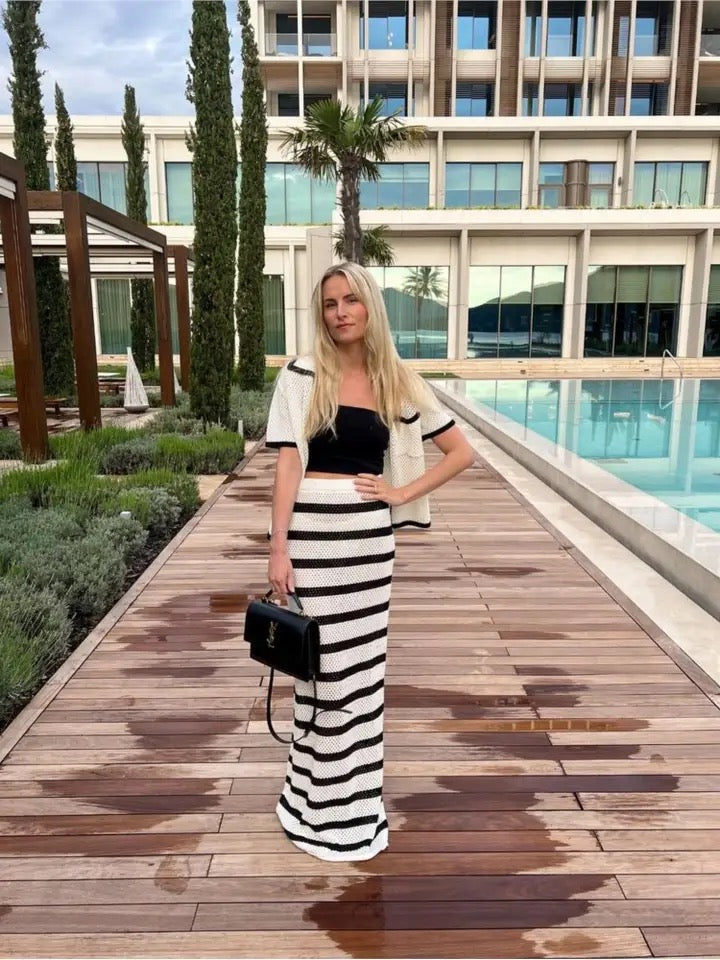 CREAM AND BLACK KNIT SHORT SLEEVE CARDIGAN AND MAXI SKIRT CO-ORD