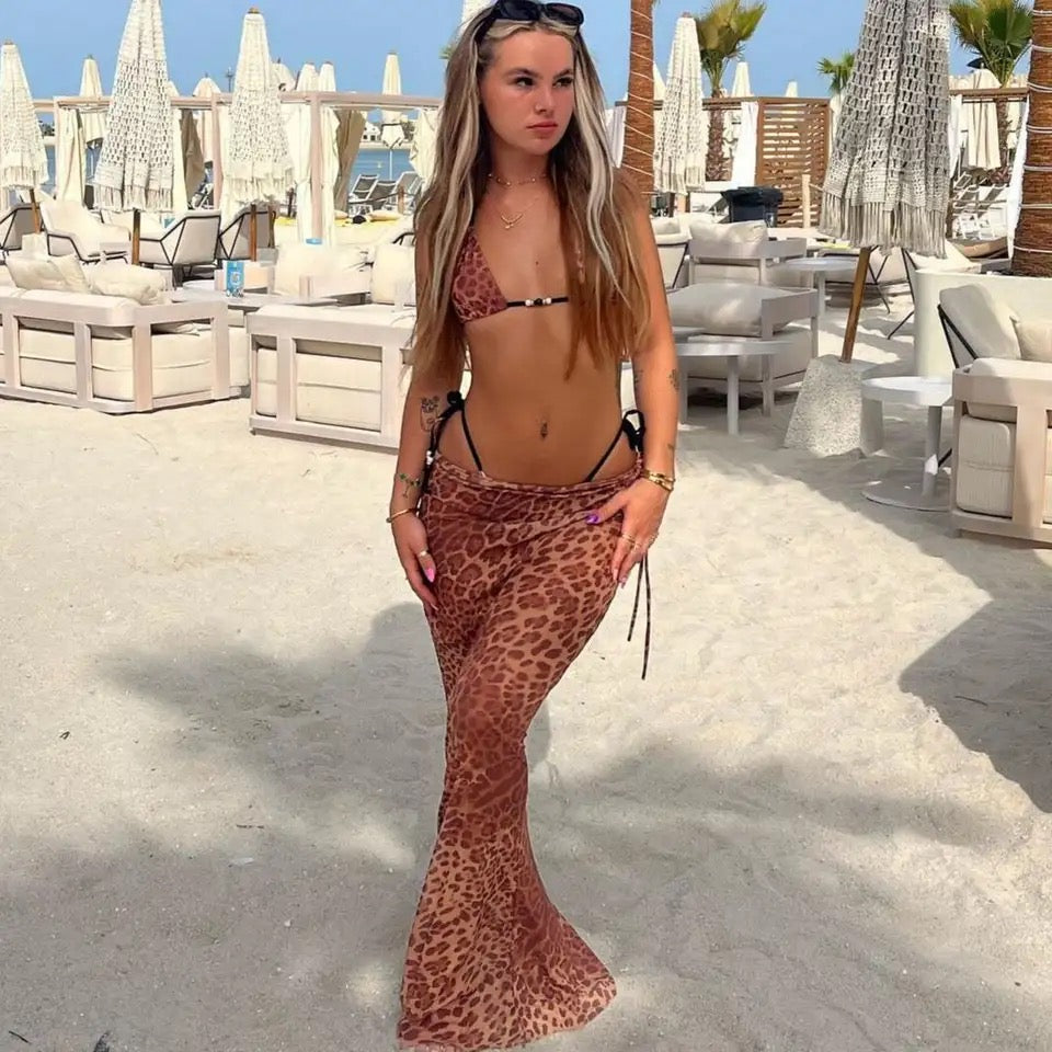 LEOPARD PRINT THREE PIECE BIKINI AND SKIRT SET