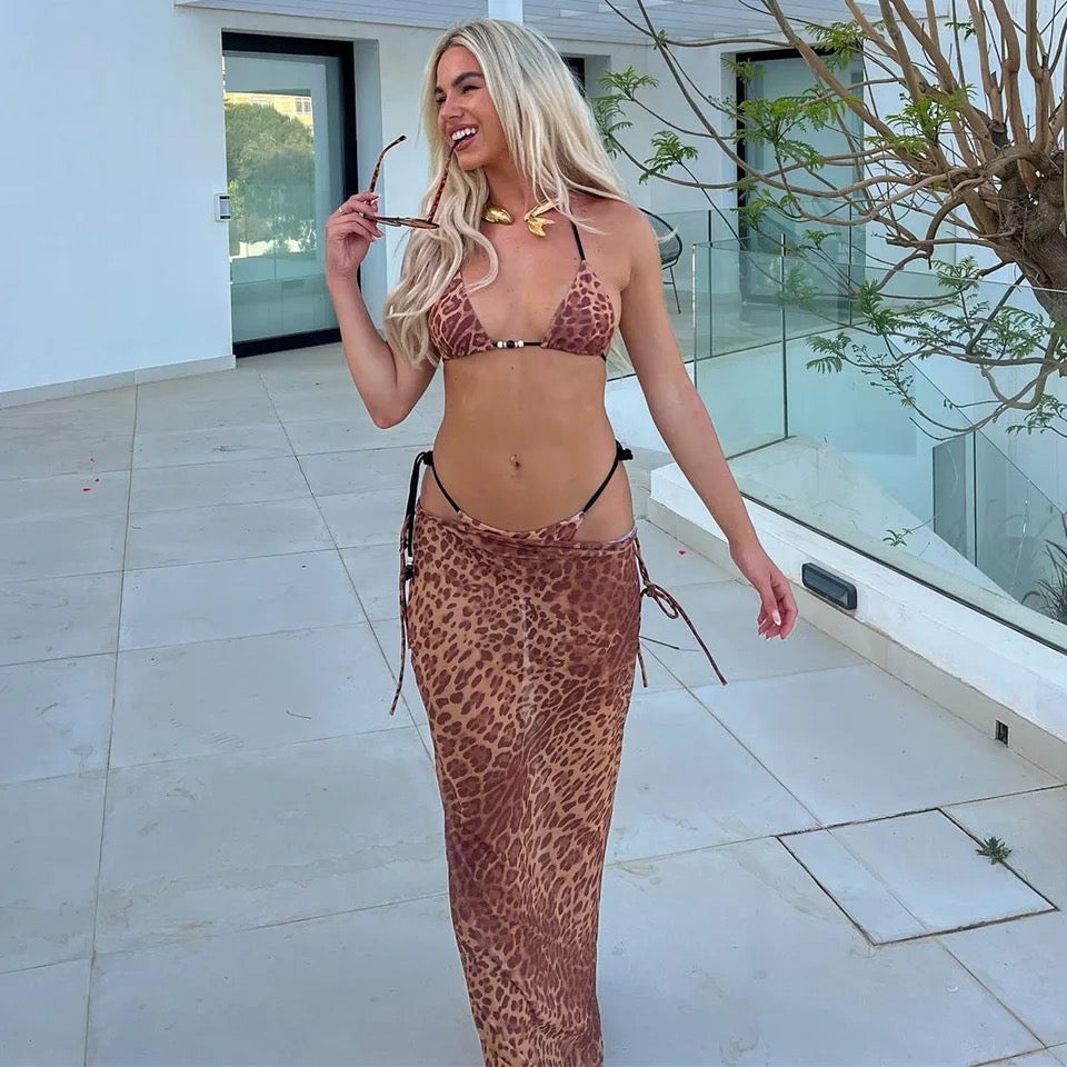 LEOPARD PRINT THREE PIECE BIKINI AND SKIRT SET