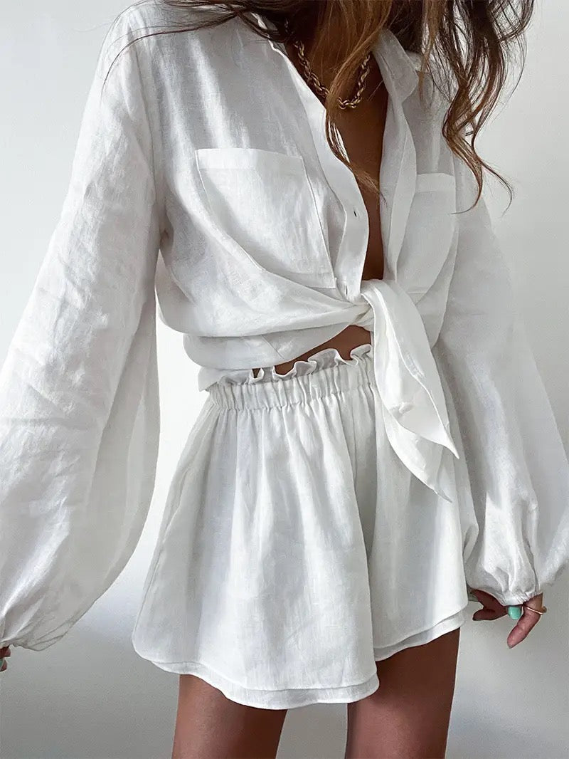WHITE SHEER SHIRT AND LAYERED FLARE SHORTS CO-ORD