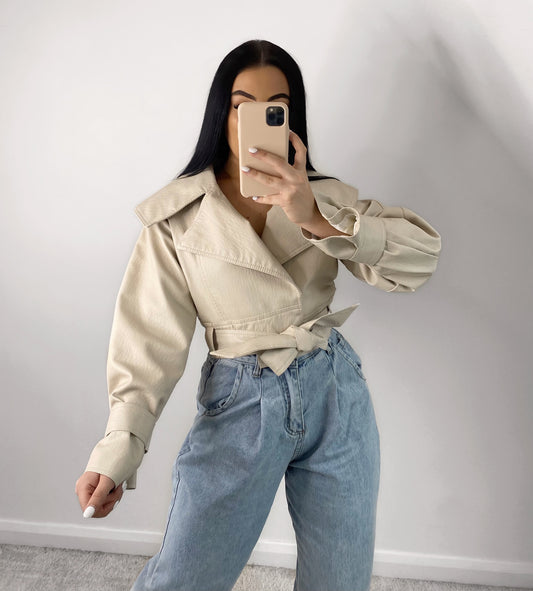 LIGHT BEIGE BELTED VEGAN LEATHER JACKET