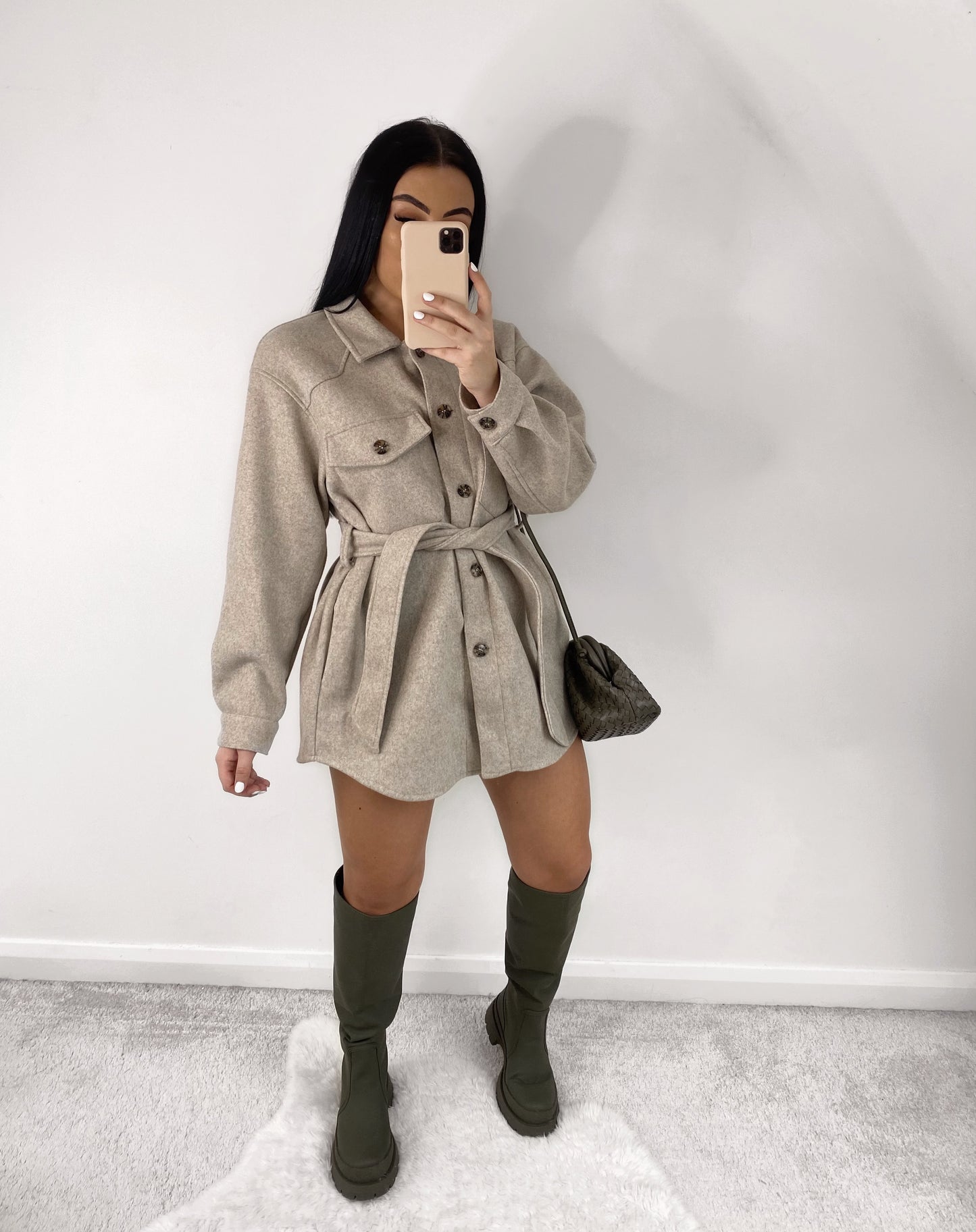 BEIGE BELTED WOOL LOOK SHACKET OVERSHIRT