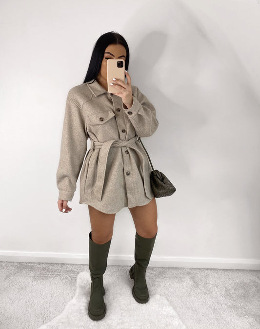 BEIGE BELTED WOOL LOOK SHACKET OVERSHIRT