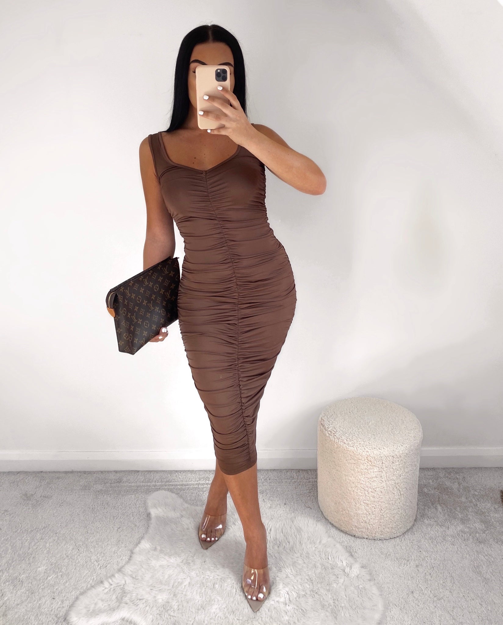 BROWN RUCHED MIDAXI DRESS