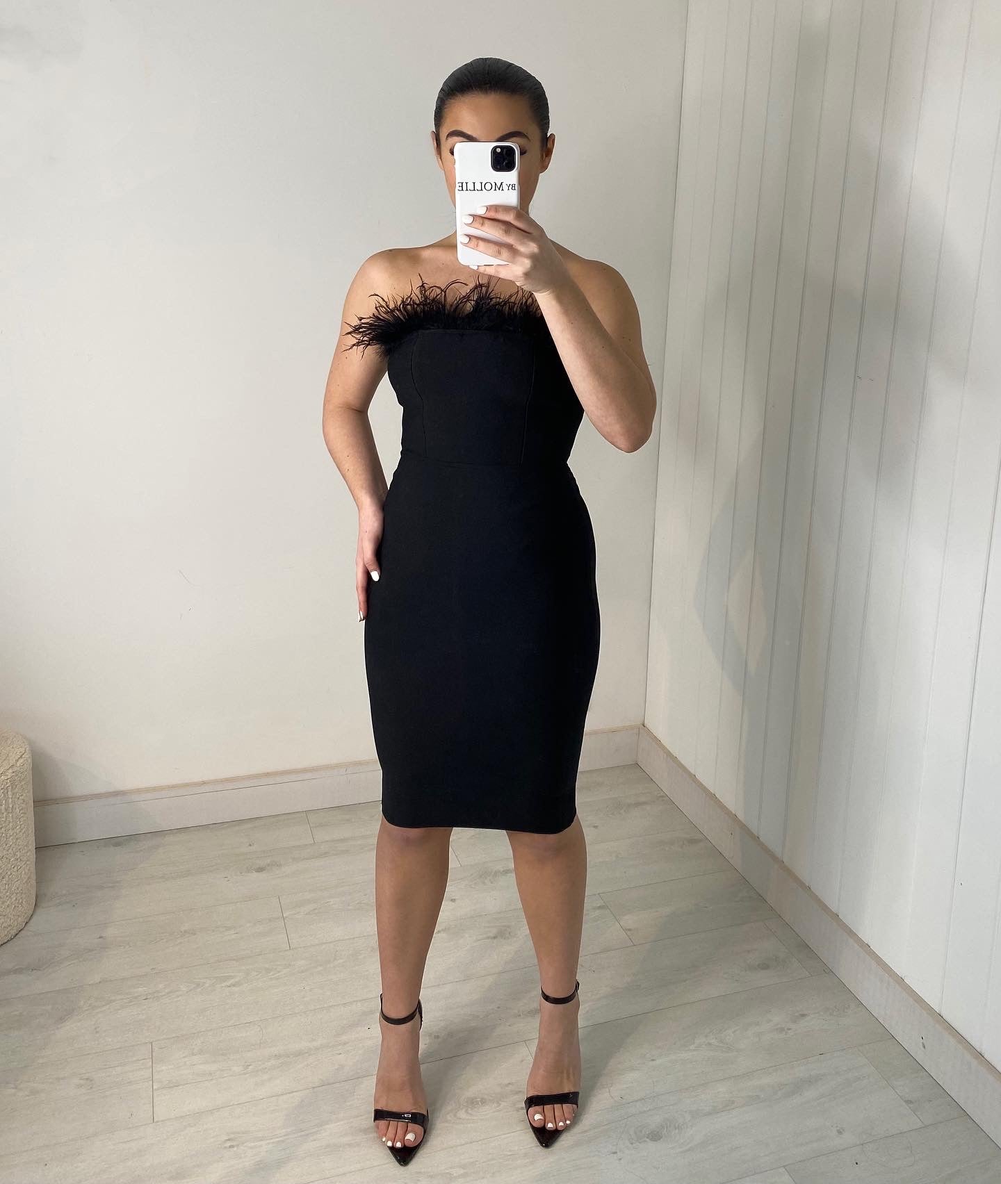 BLACK FEATHER BUST BANDAGE MIDI DRESS
