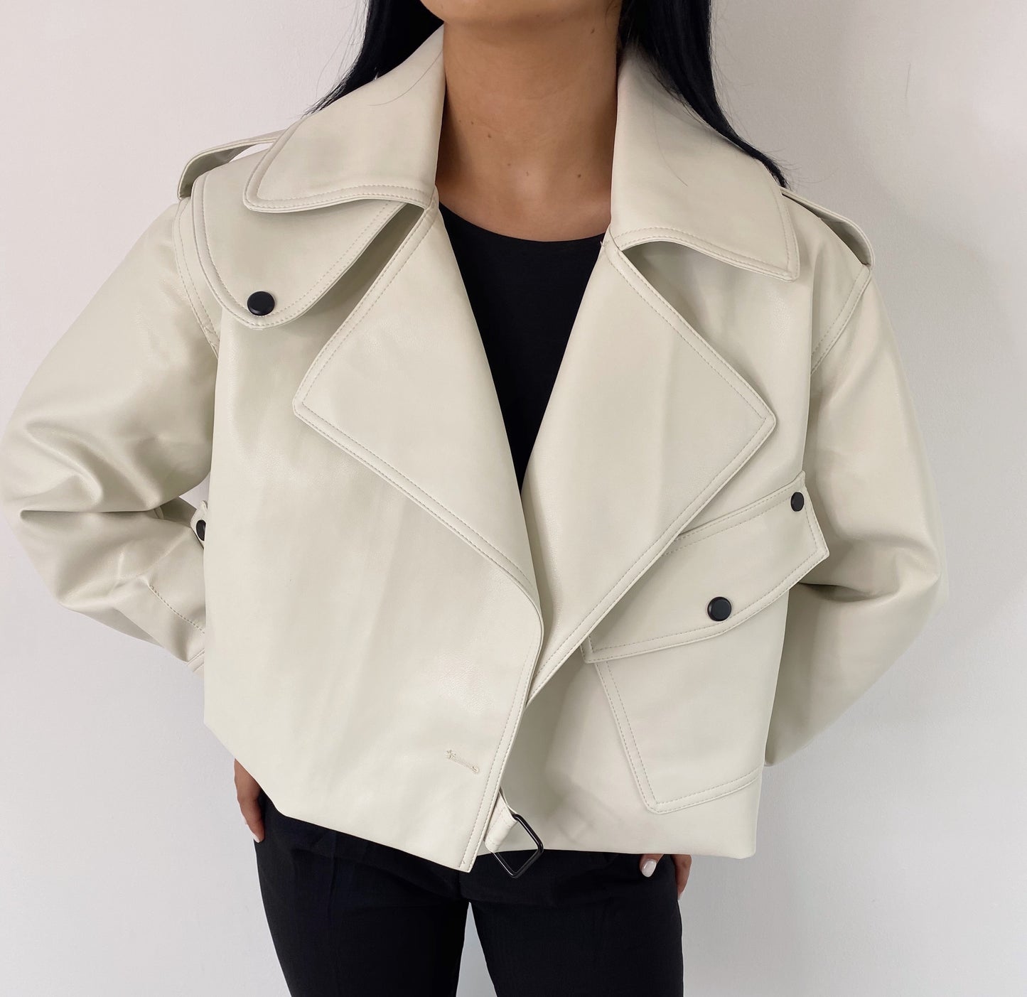 CREAM OVERSIZED VEGAN LEATHER JACKET