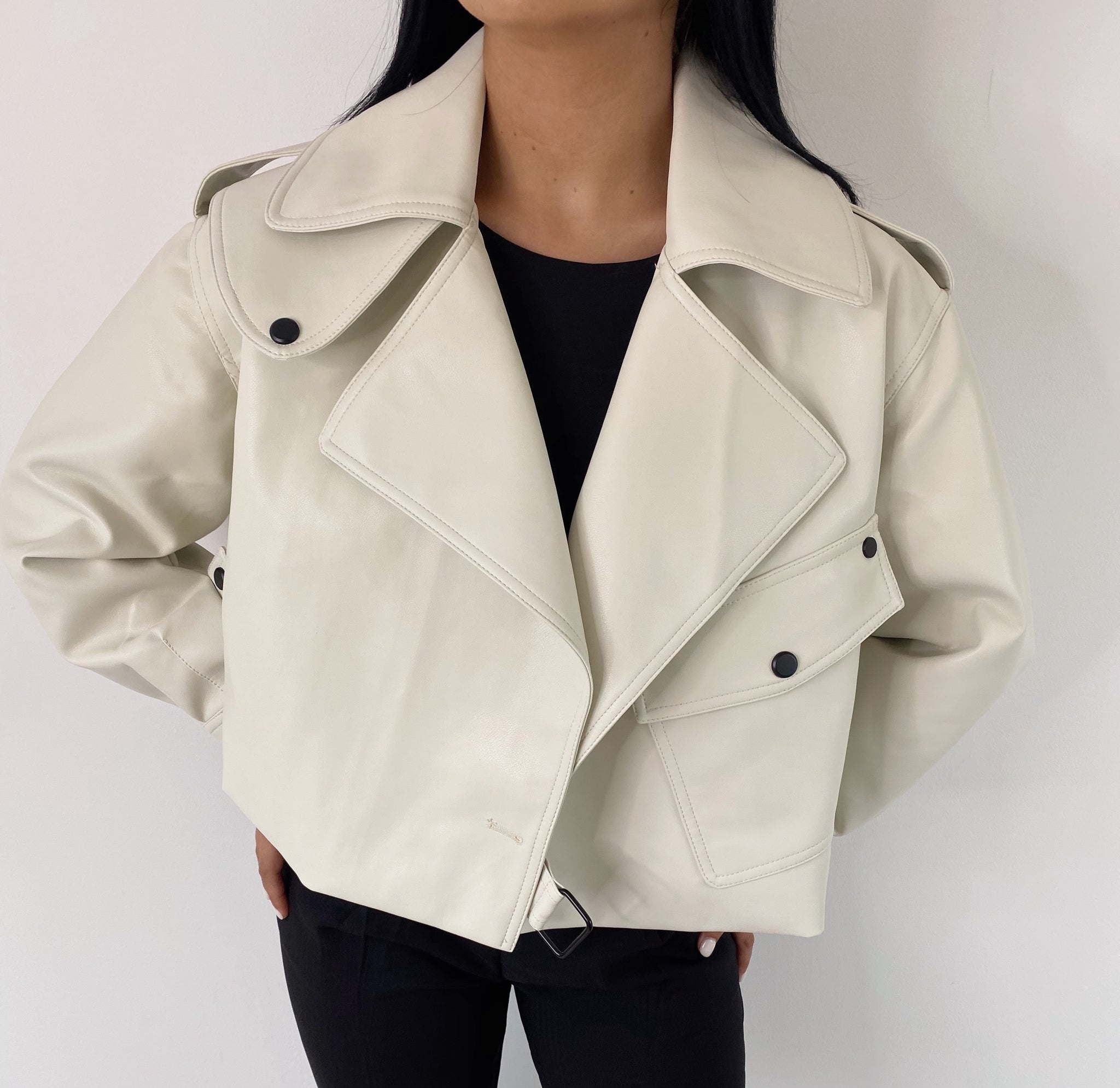 CREAM OVERSIZED VEGAN LEATHER JACKET bymollie