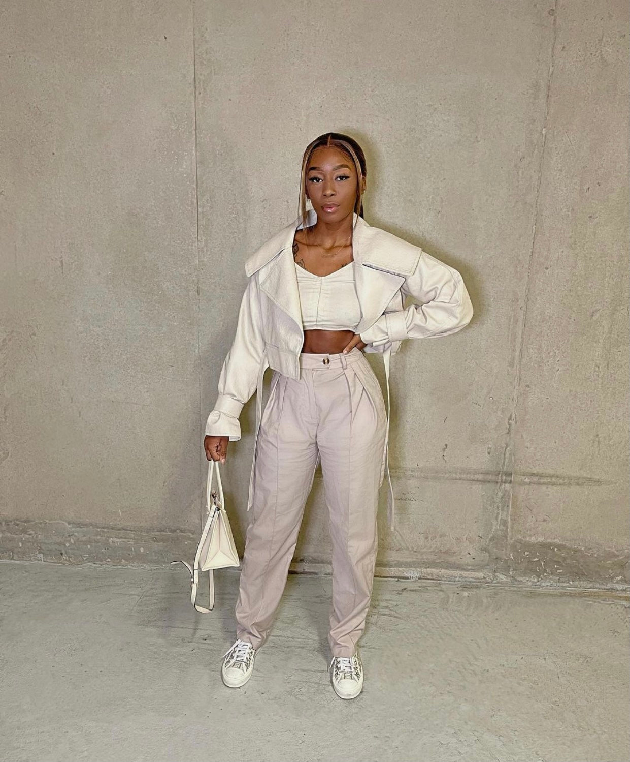 LIGHT BEIGE BELTED VEGAN LEATHER JACKET