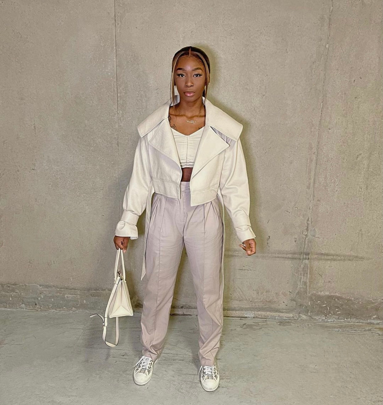 LIGHT BEIGE BELTED VEGAN LEATHER JACKET