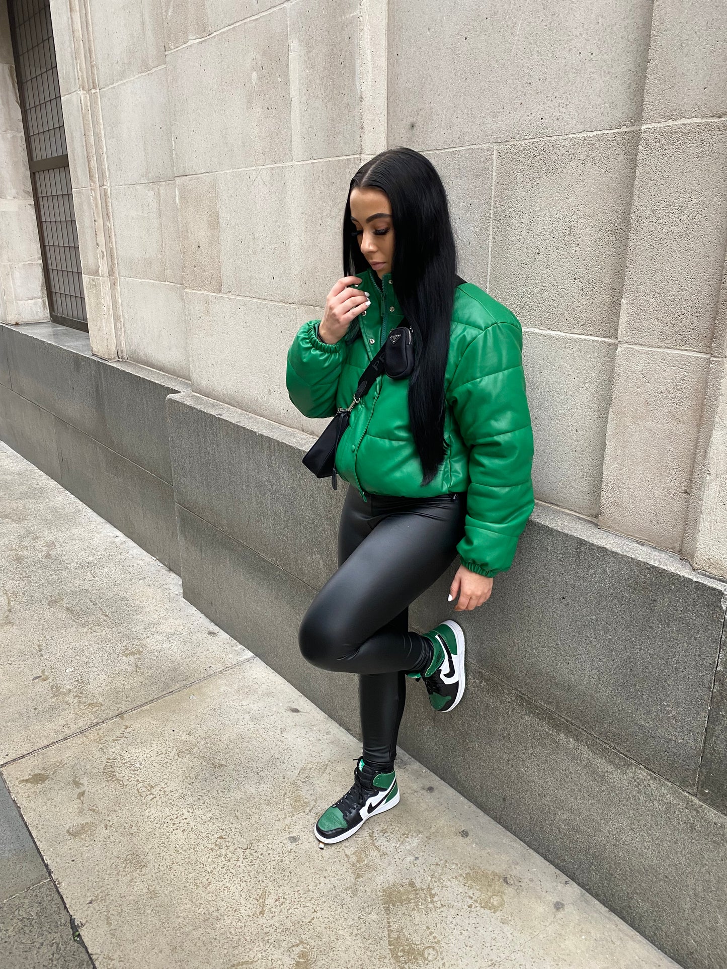 GREEN VEGAN LEATHER PUFFER JACKET