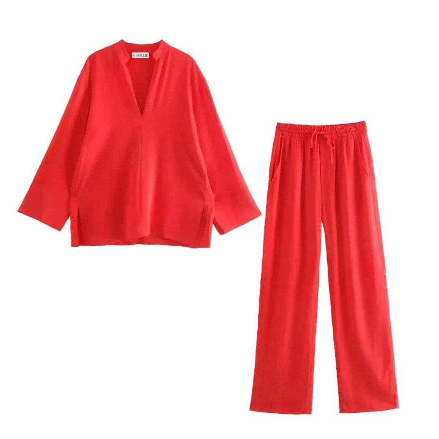 RED V-NECK BLOUSE AND FLARE TROUSER CO-ORD