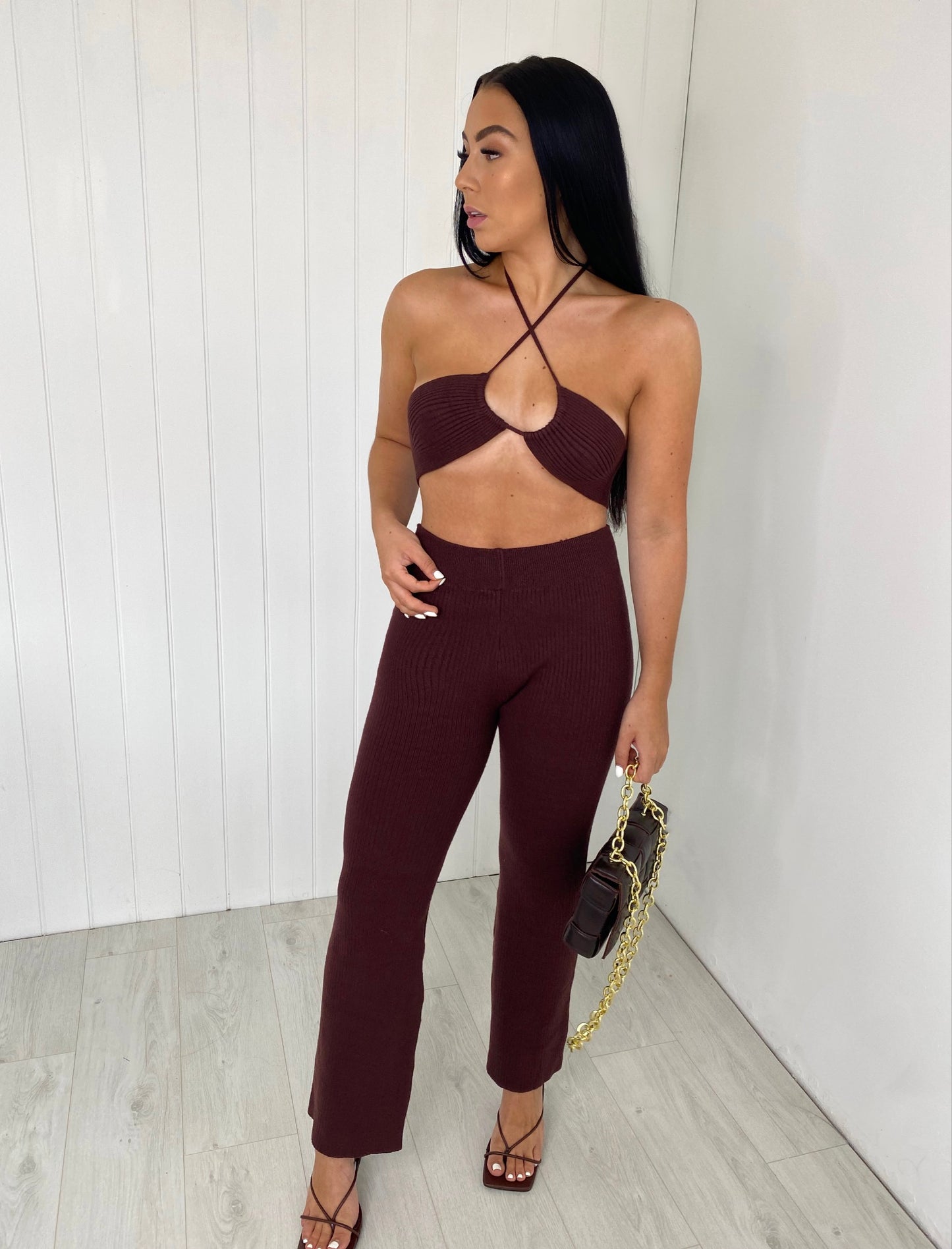 BROWN HALTERNECK CROP AND TROUSER KNIT CO-ORD