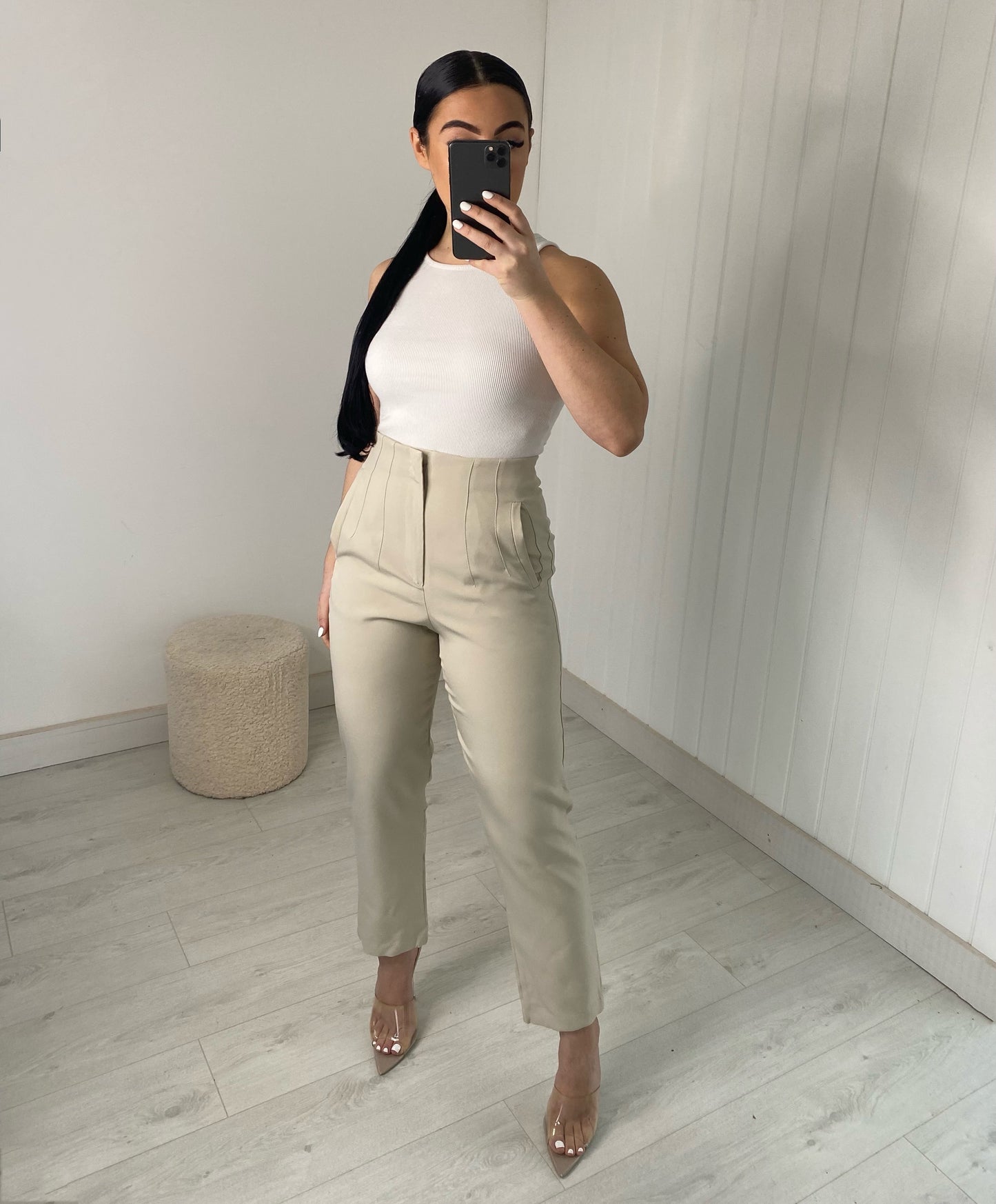 BEIGE DARTED HIGH WAIST TROUSERS