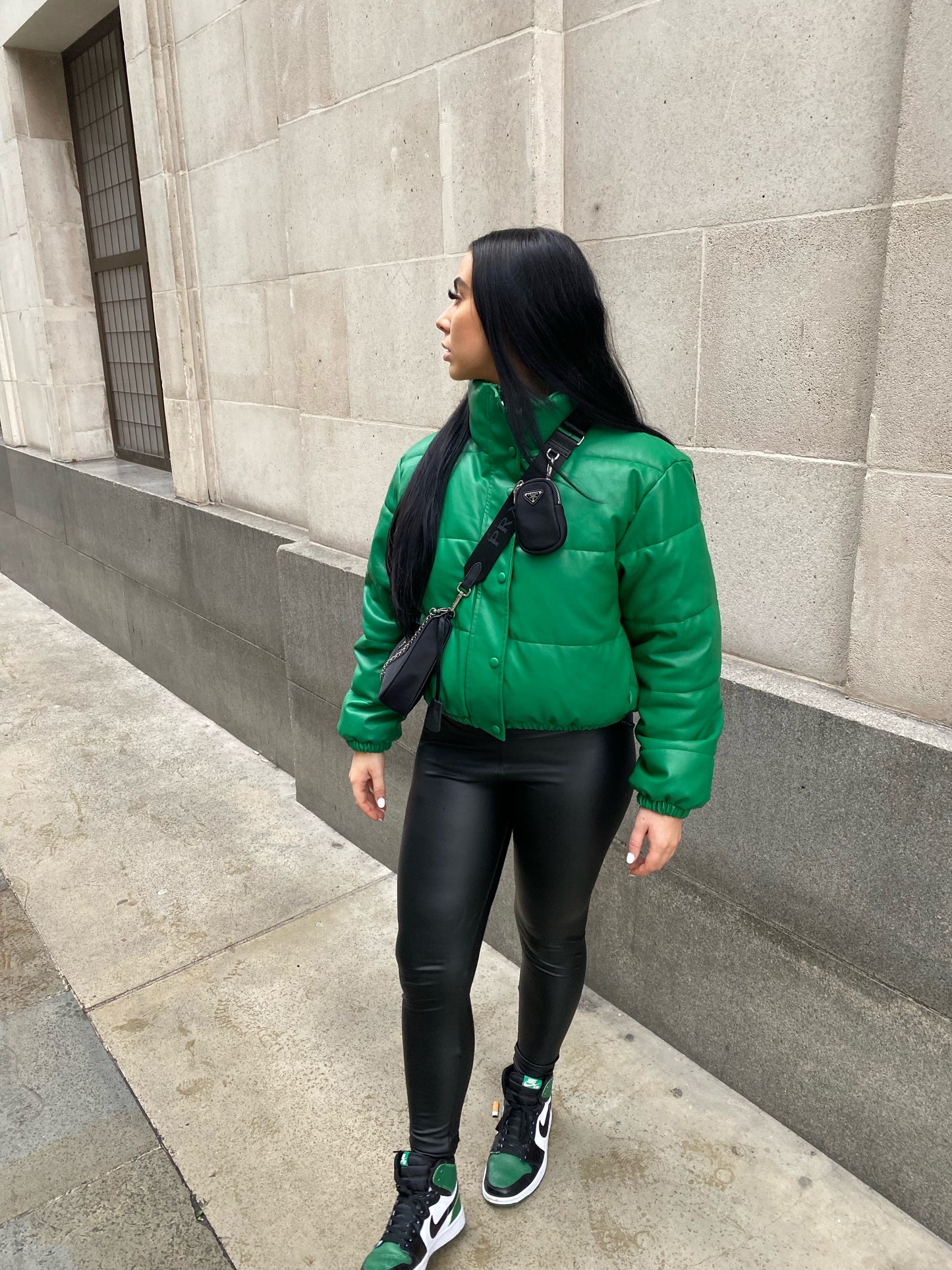GREEN VEGAN LEATHER PUFFER JACKET