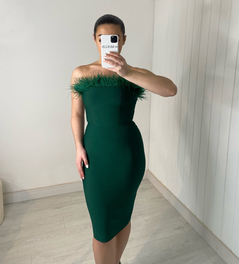 EMERALD FEATHER BUST BANDAGE MIDI DRESS bymollie EMERALD FEATHER BUST BANDAGE MIDI DRESS bymollie
