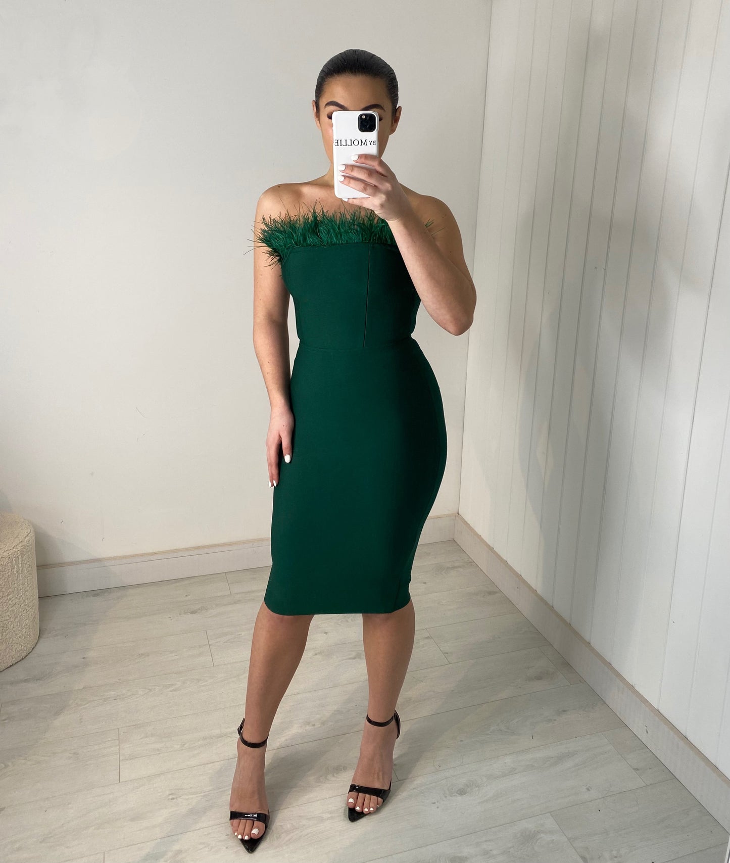 EMERALD FEATHER BUST BANDAGE MIDI DRESS