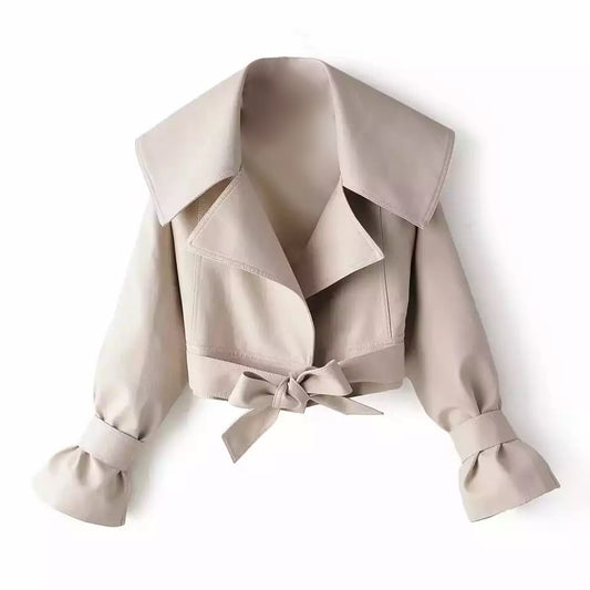 LIGHT BEIGE BELTED VEGAN LEATHER JACKET