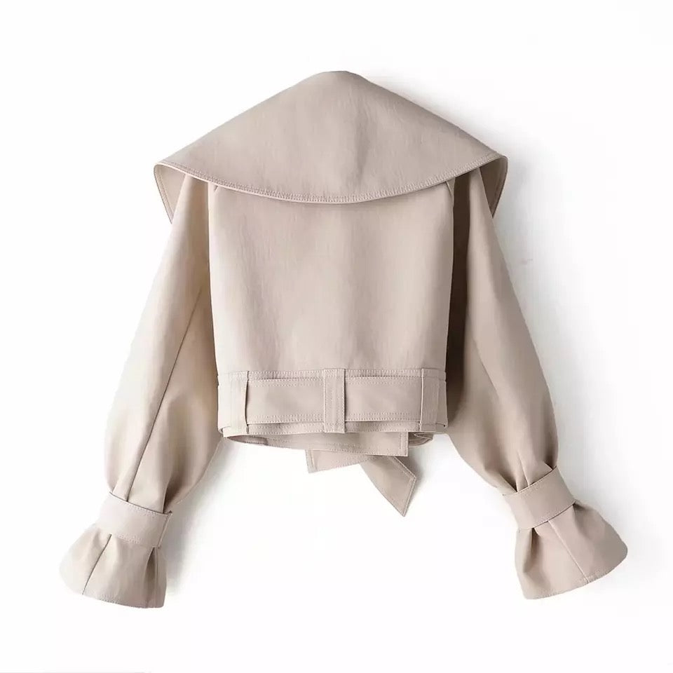 LIGHT BEIGE BELTED VEGAN LEATHER JACKET