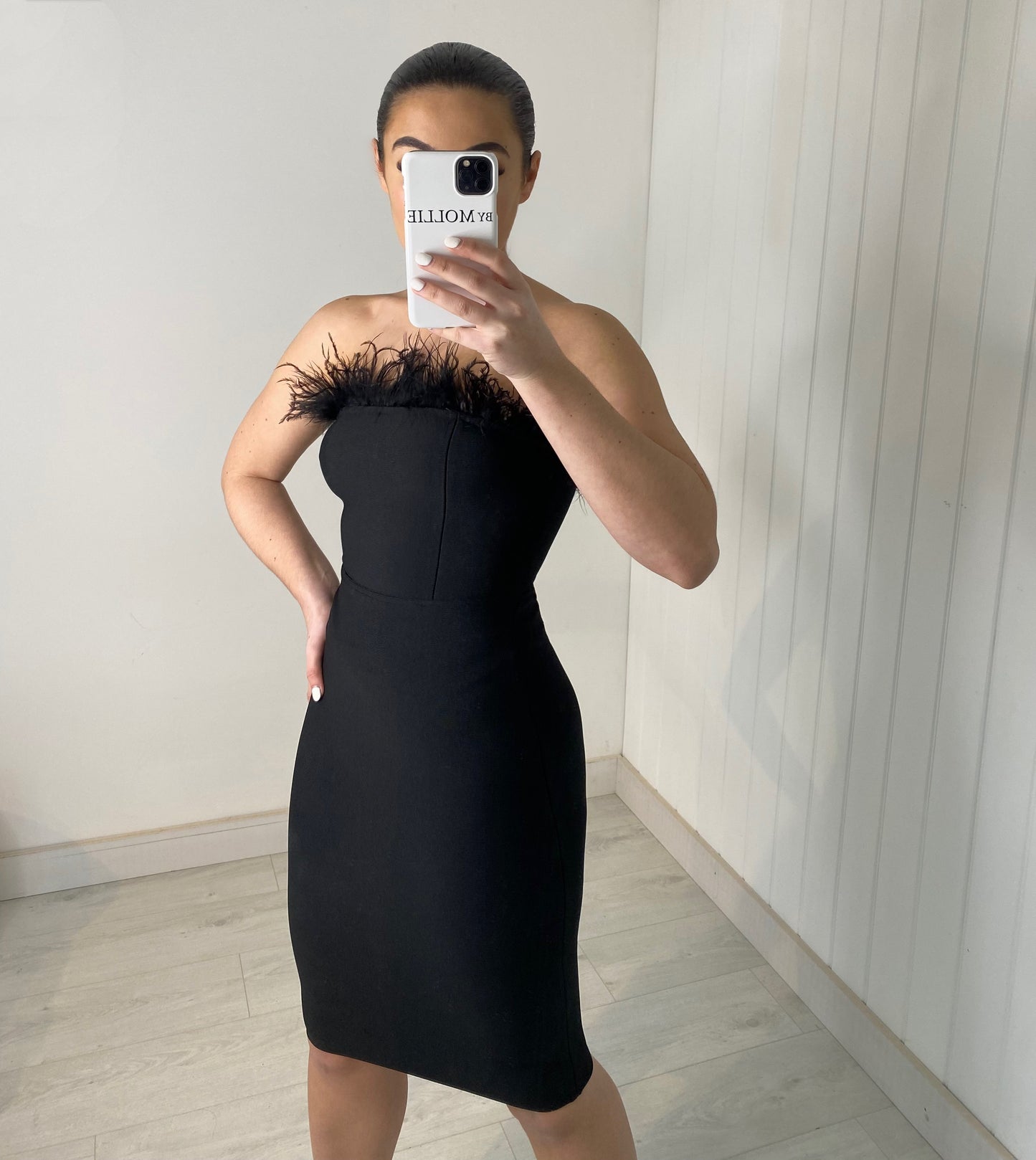 BLACK FEATHER BUST BANDAGE MIDI DRESS