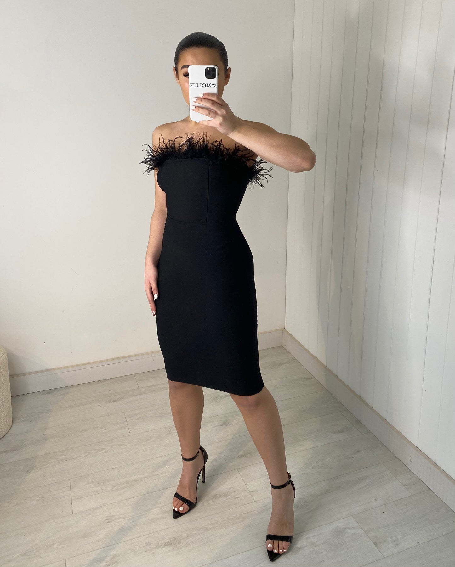 BLACK FEATHER BUST BANDAGE MIDI DRESS