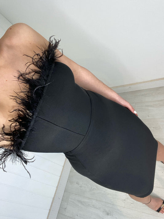 BLACK FEATHER BUST BANDAGE MIDI DRESS