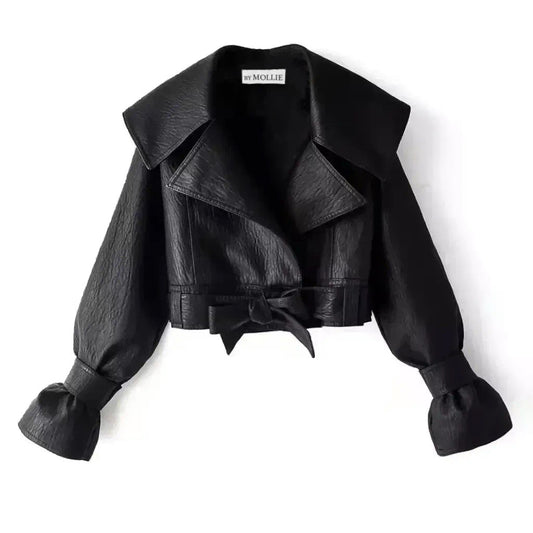 BLACK BELTED VEGAN LEATHER JACKET