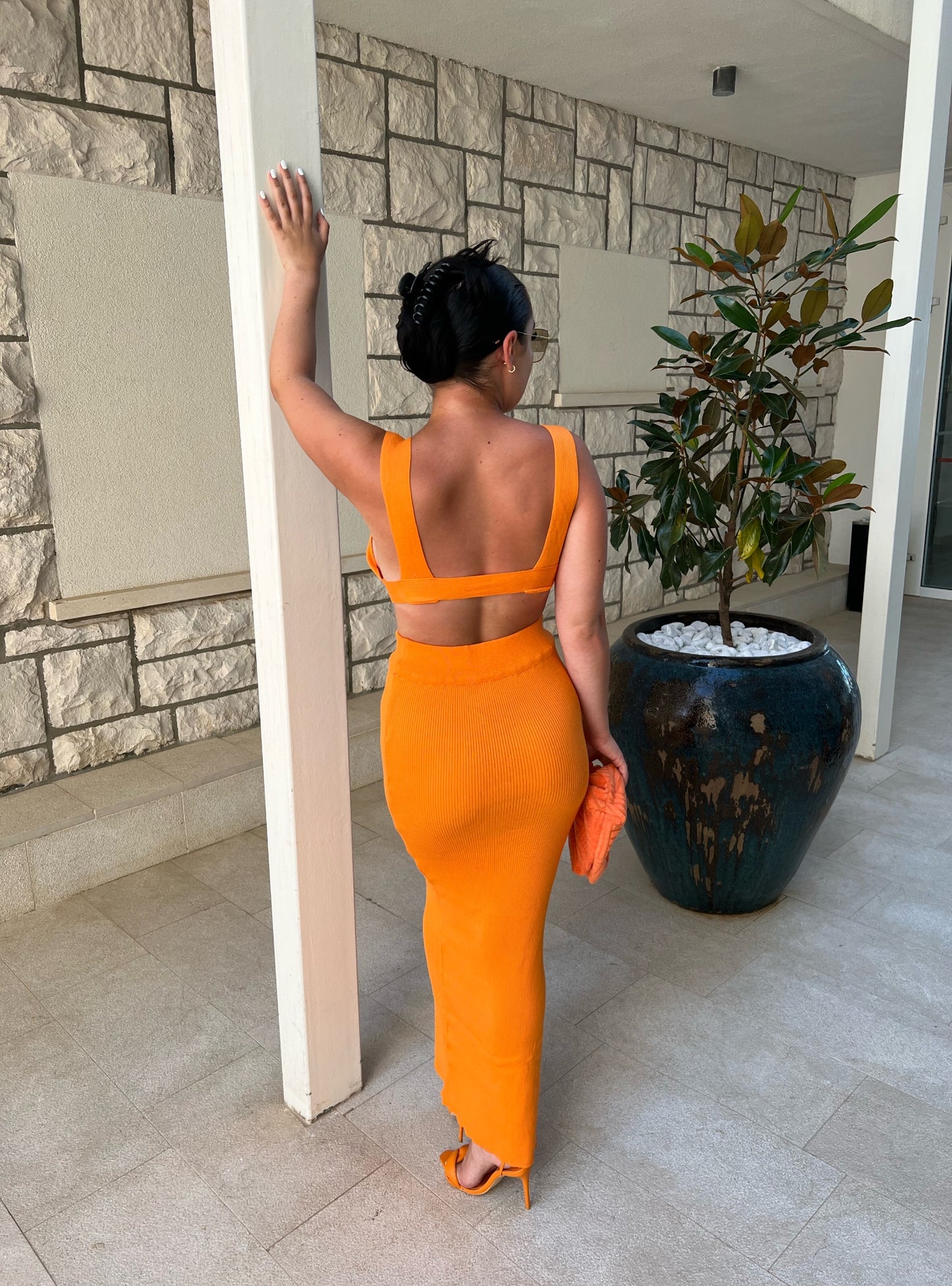 ORANGE KNIT BRALET AND SLIT LEG MAXI SKIRT